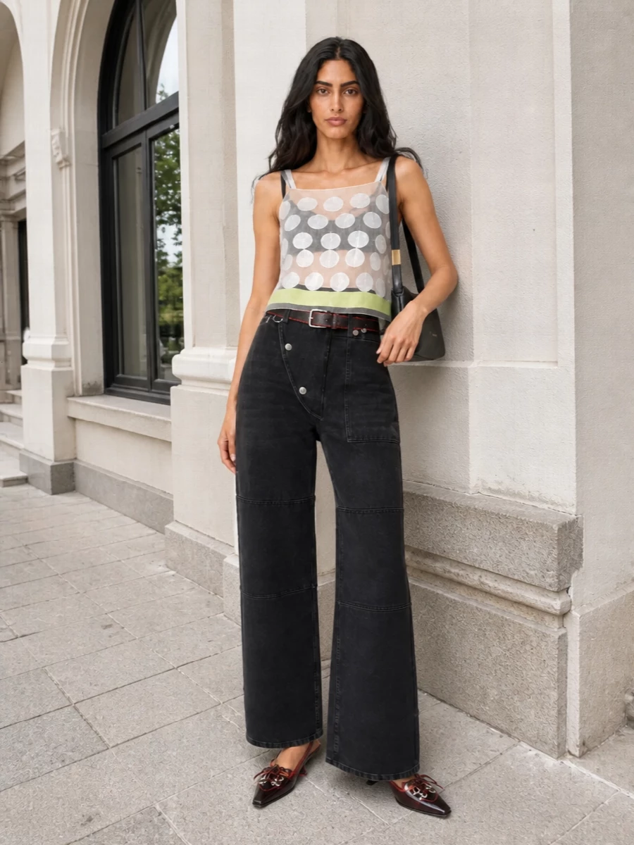 Marni polka dot cami black wide leg jeans outfit