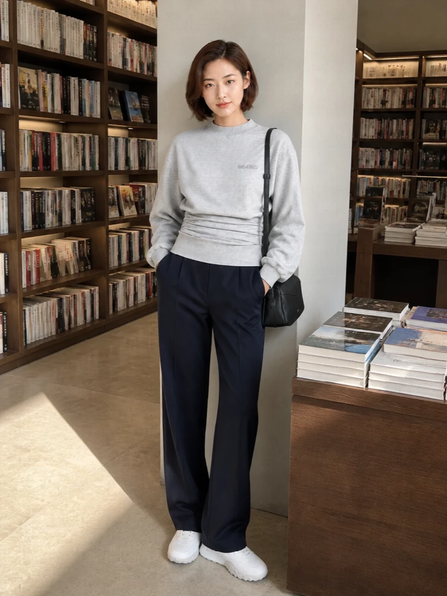 Ink navy track pants meet a cinched grey sweatshirt for a softer take on athleisure that still feels considered. Clean white and grey runners keep it light on the foot, while a slim black cross-body sharpens the finish without stealing focus. The result is relaxed, minimal and city-ready for days that move between errands and easy dinners.