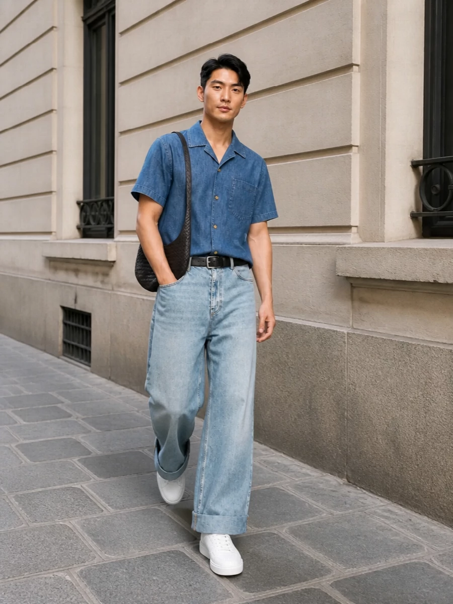 Valentino wide leg denim outfit white sneakers