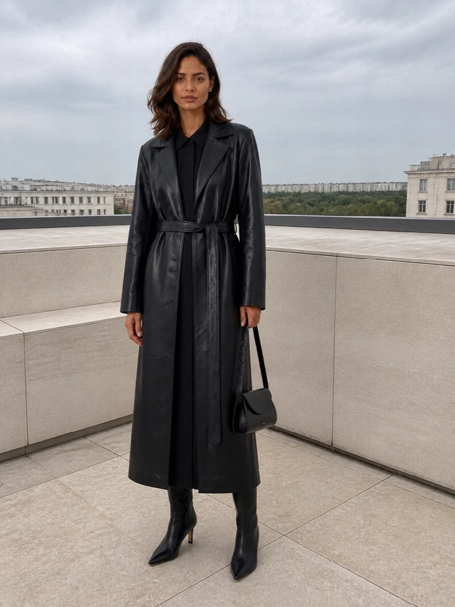 I am taking the dress route here, as a long black shirt dress under the inky leather coat reads far more coherent and refined than introducing separate tailoring breaks at the waist. The result is a continuous black column, sharpened by a pointed leather boot and a disciplined, architectural shoulder bag, that feels quietly powerful for gallery evenings, late dinners, or serious meetings. Everything stays in a high-tier, minimalist register so the drama comes from proportion and texture, not noise.
