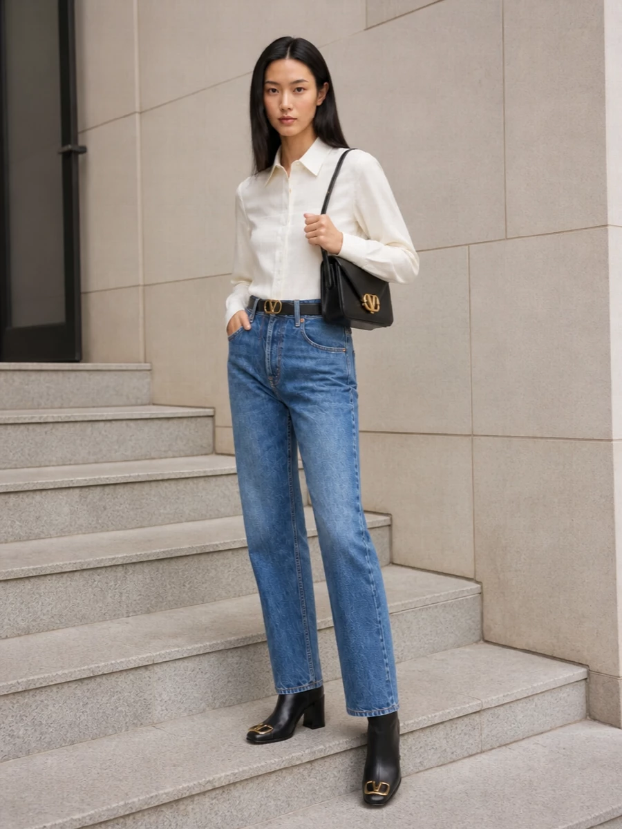 Valentino denim ivory shirt black ankle boots