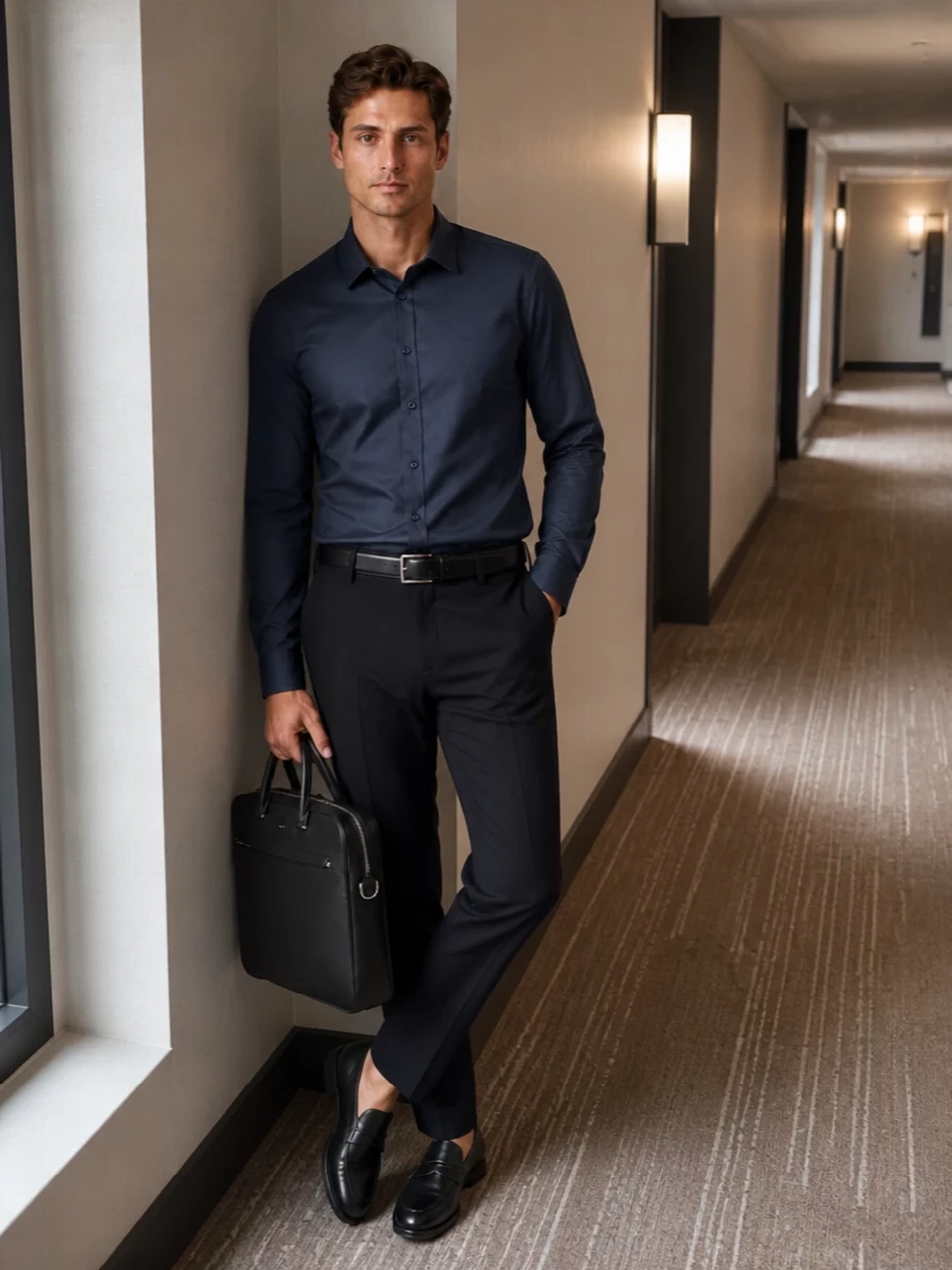 Boss navy shirt tailored navy trousers loafers