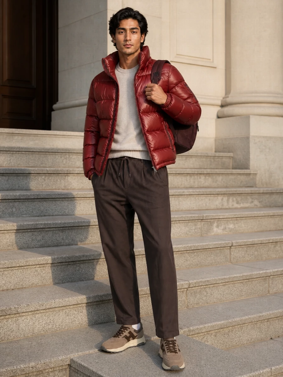 Herno puffer tailored drawstring trousers outfit