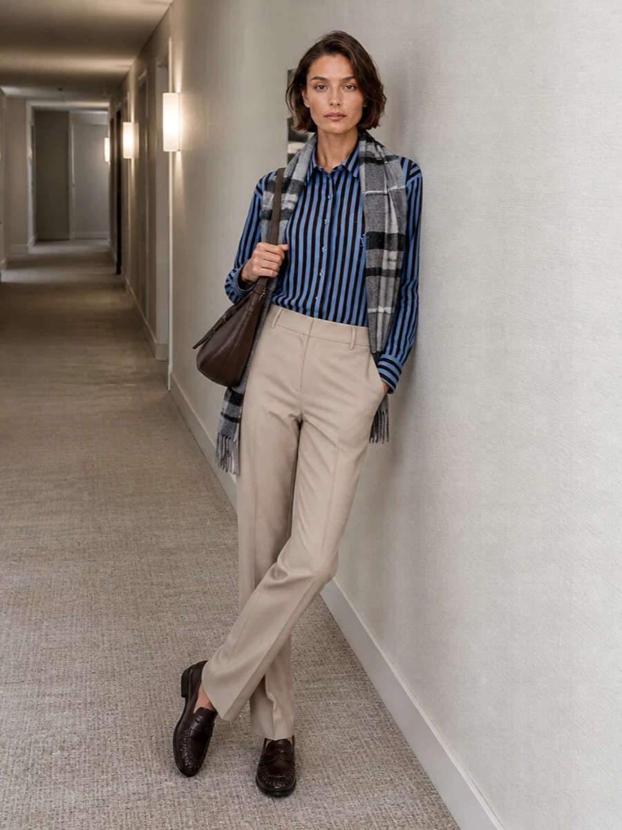 Etro’s striped shirt is grounded with warm beige tailoring and rich chocolate accessories for a quietly polished, collegiate mood. The clean lines and soft neutrals temper the graphic stripe, so the outfit feels sharp enough for meetings yet relaxed for late-afternoon coffees. It is an easy uniform when you want print, but still read composed and considered.