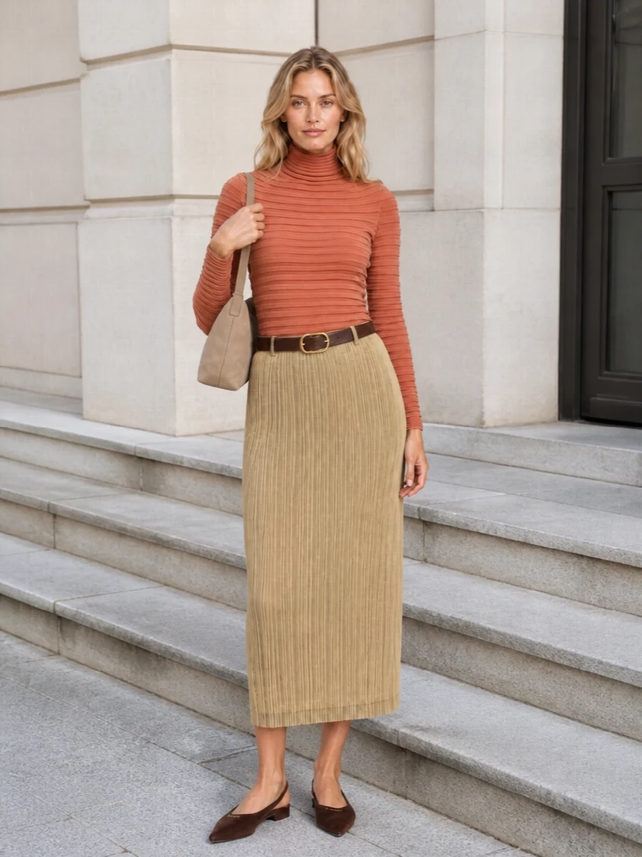 Pleats please skirt terracotta top miu miu bag