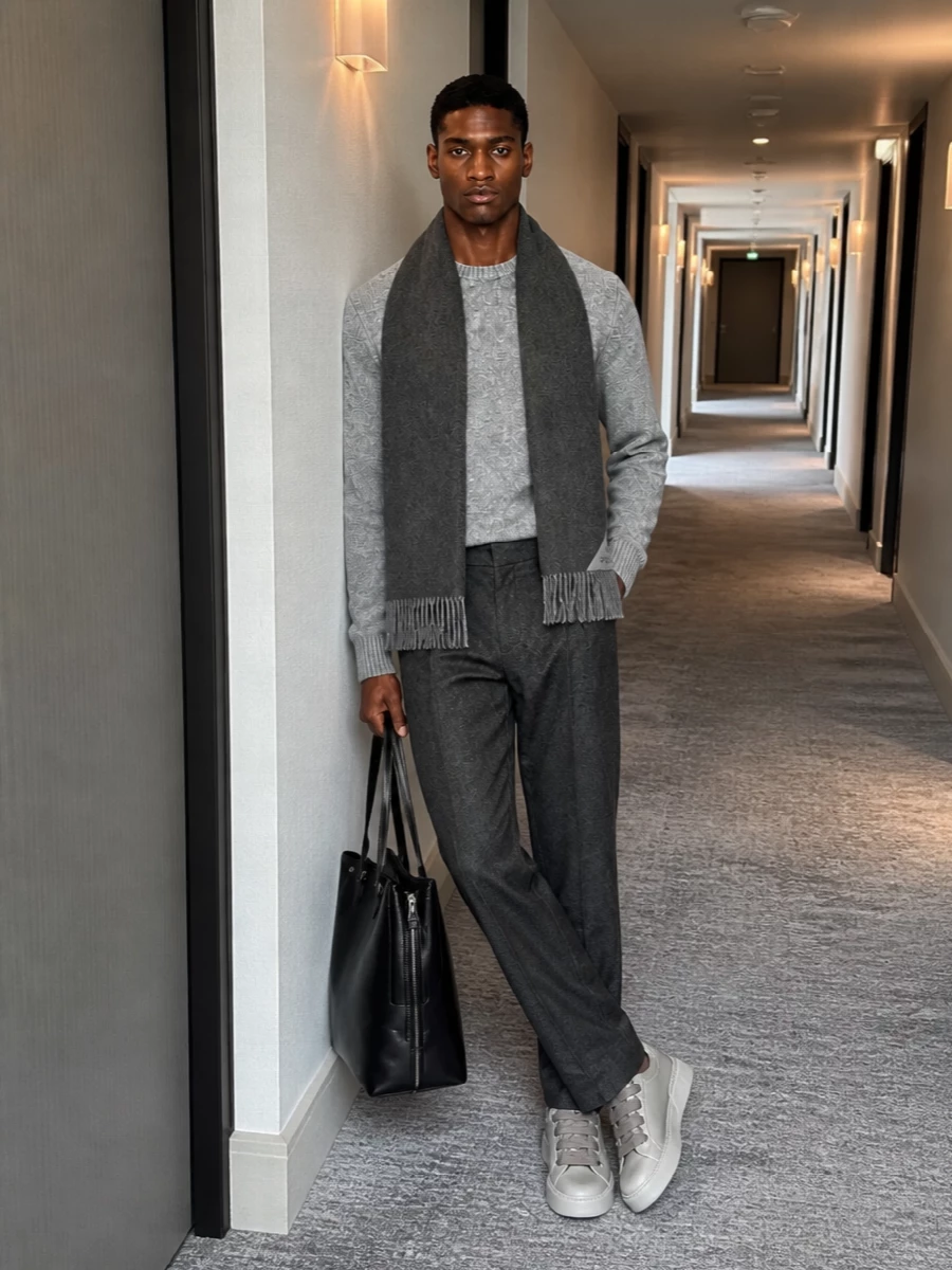 Dolce gabbana grey sweater charcoal trousers outfit