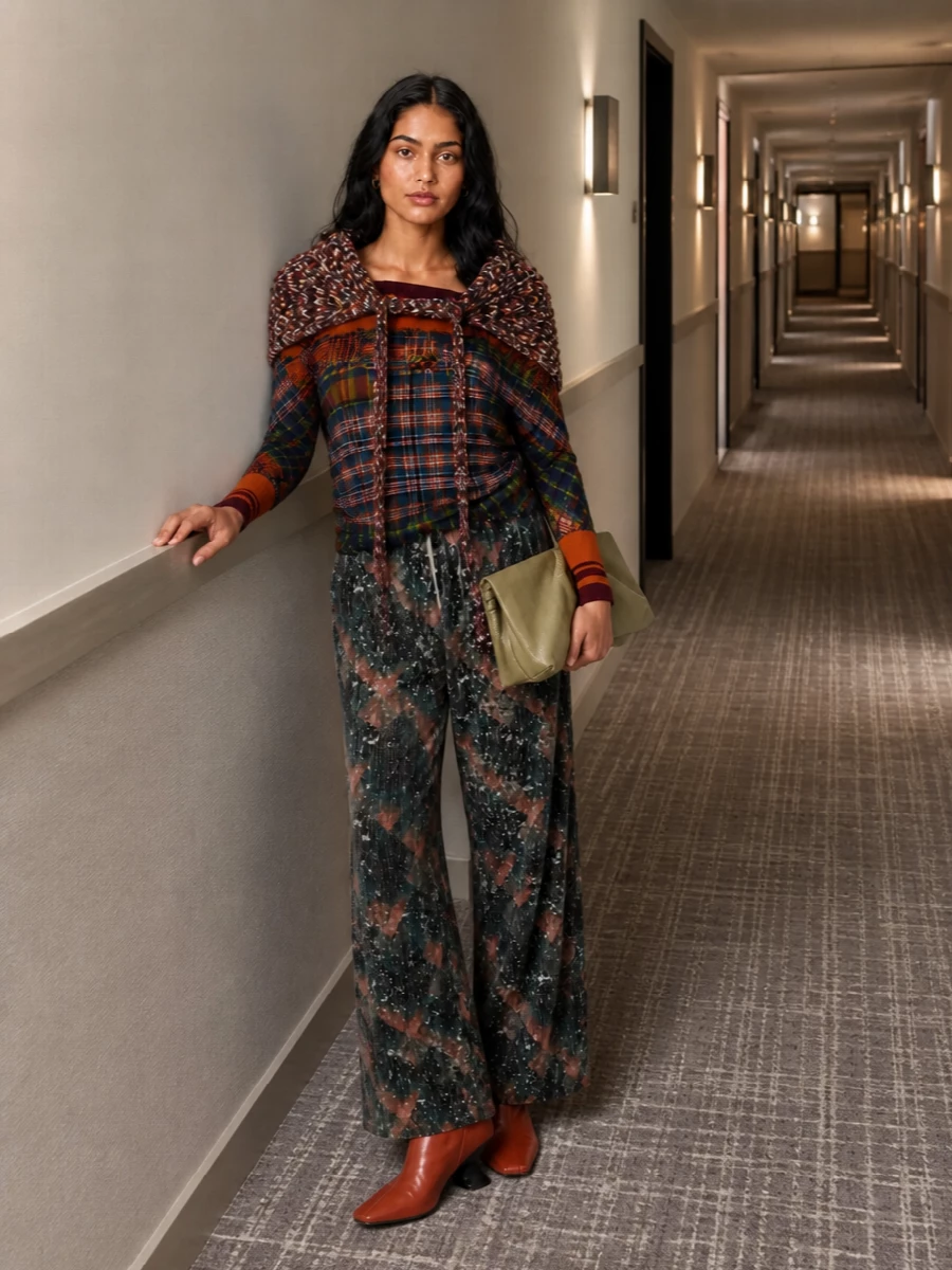 Dries van noten plaid knit wide leg trousers outfit