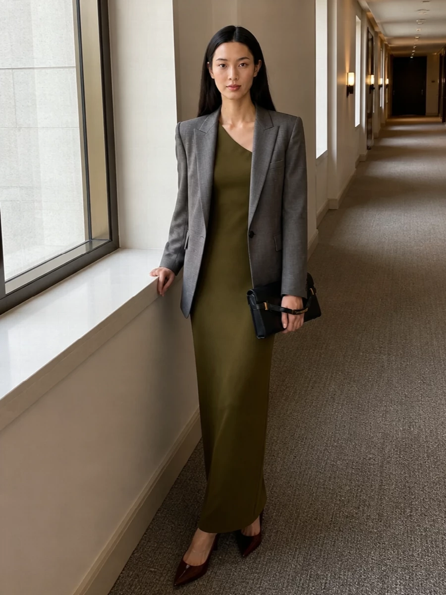 Saint laurent blazer olive one shoulder dress