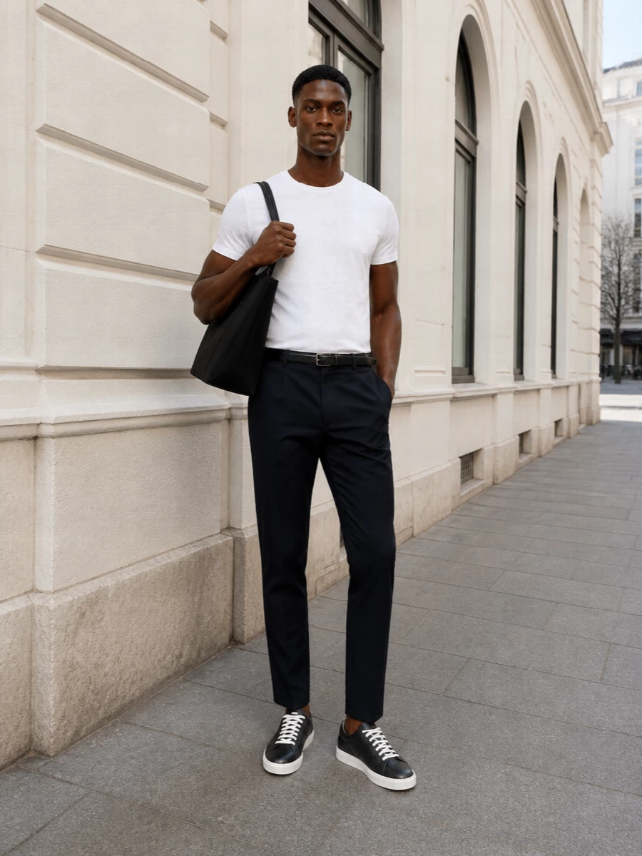 Kiton white t shirt navy trousers sneakers