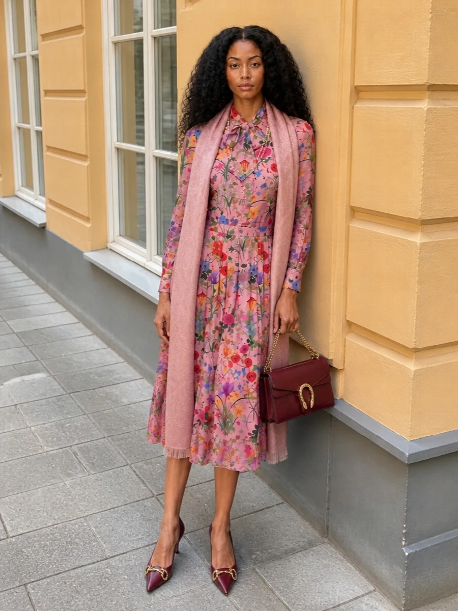 Gucci floral midi dress burgundy heels bag