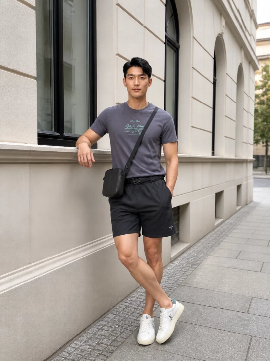 Calvin klein grey tee charcoal shorts outfit