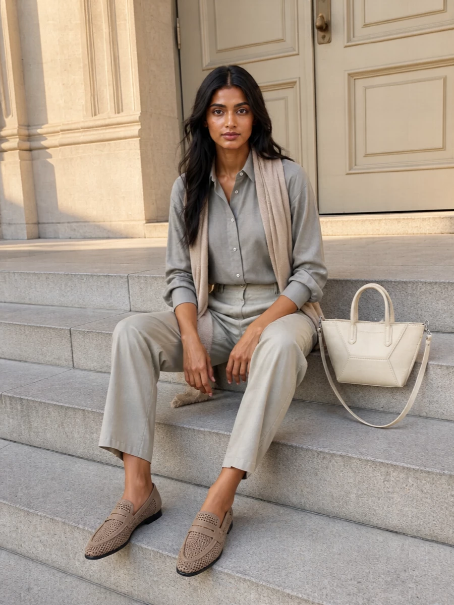Brunello cucinelli stone shirt beige trouser outfit