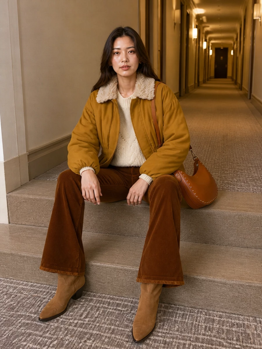 I am building around the bomber with separates rather than a dress so its volume, waist detailing and faux-fur collar stay central, not fighting a printed mini for attention. The cream knit and caramel cord flares create a soft vertical line under the cropped jacket, while tan Western boots and a cognac saddle bag lock in that Isabel Marant boho-utility ease in a completely coherent autumn palette. It feels relaxed, warm and intentional, ideal for city days that slip into low-key dinners.