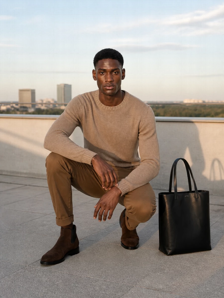 Camel chinos with brown suede chelsea boots
