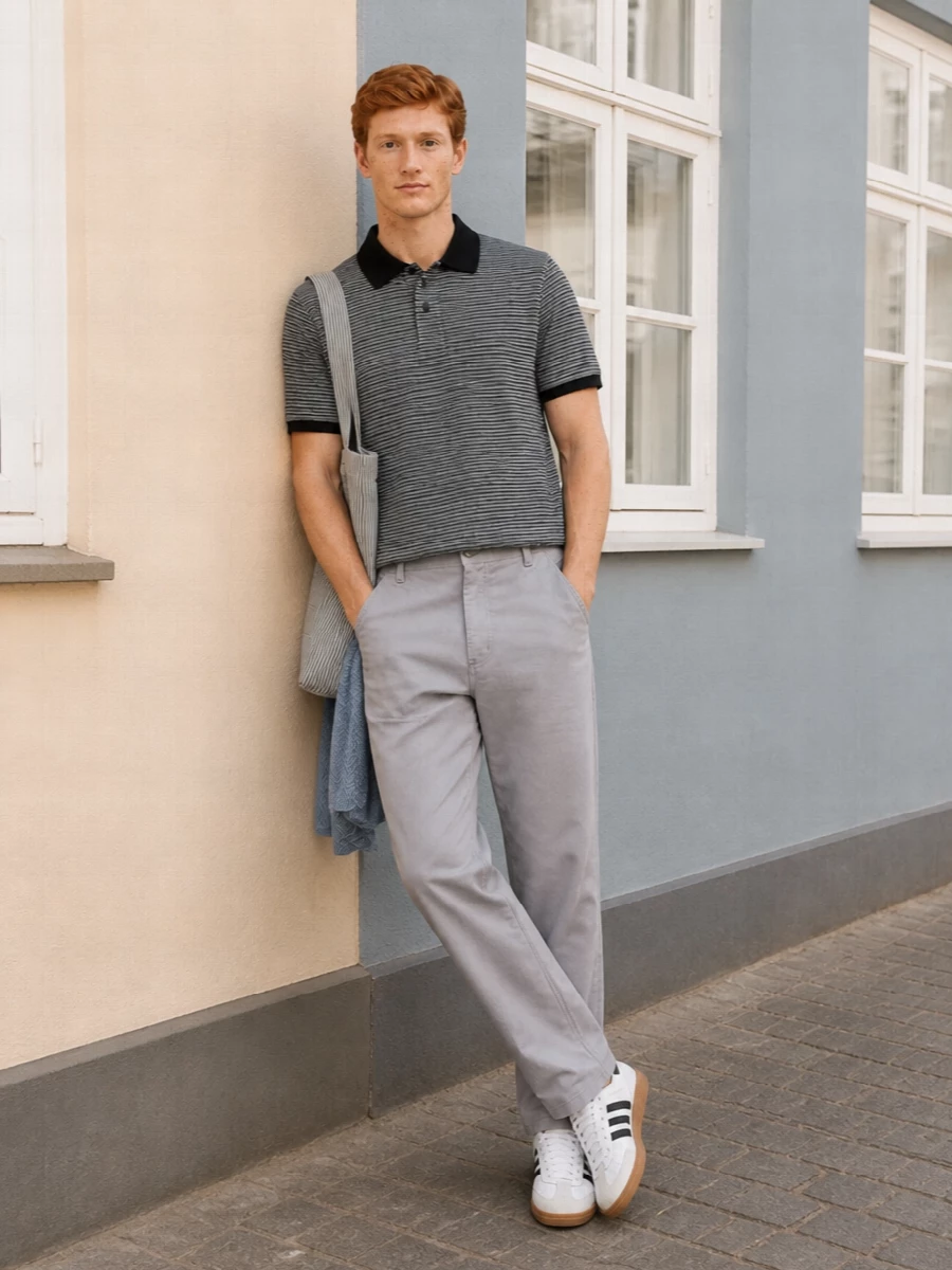 A charcoal striped polo sits over light grey workwear trousers for a clean, skate-preppy base that feels structured but relaxed. White and black gum-sole Adidas keep it grounded and sporty, with a matching striped Carhartt tote and soft blue scarf adding subtle character without shouting.