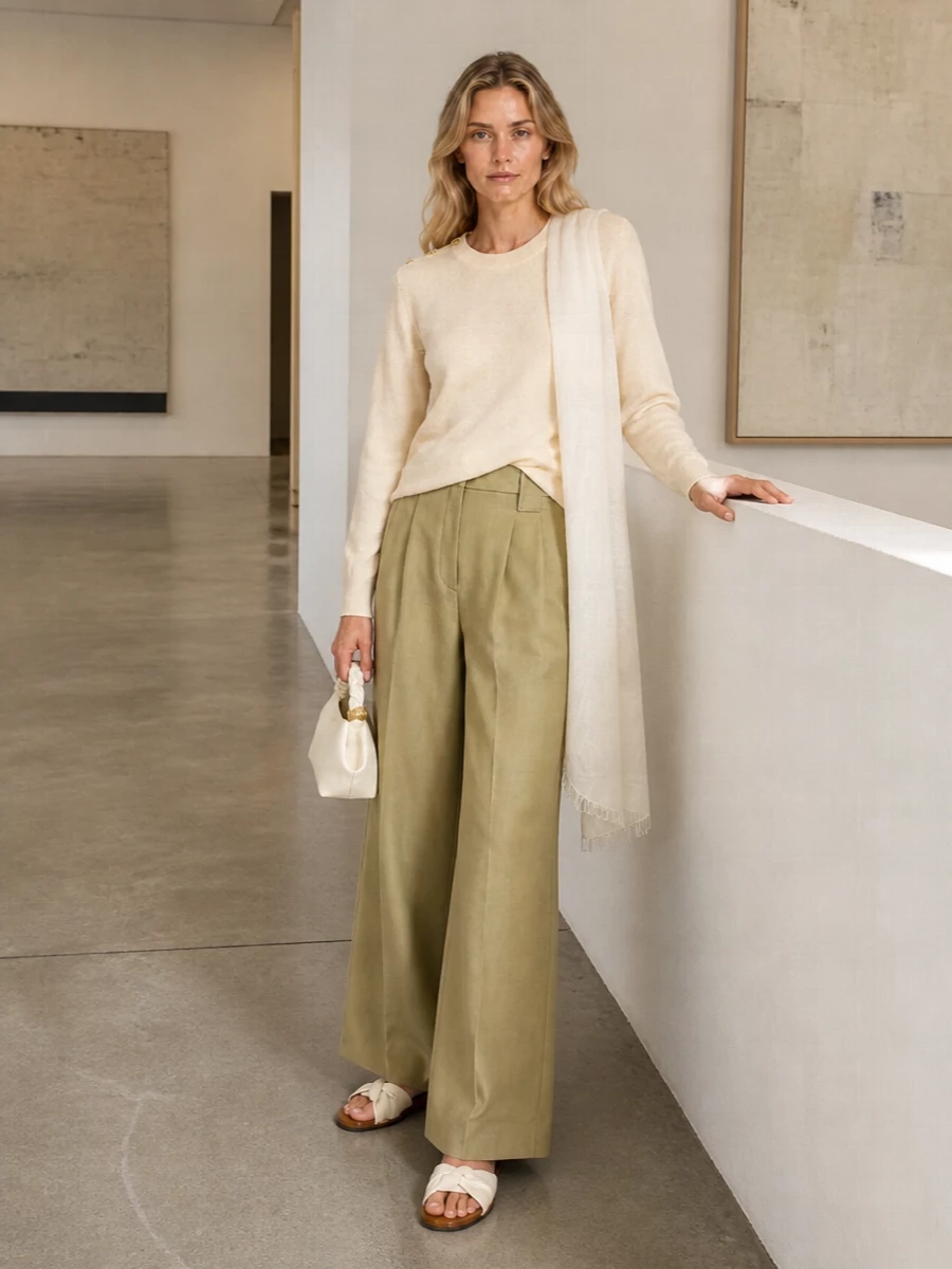 Ganni knit wide leg trousers neutral slides