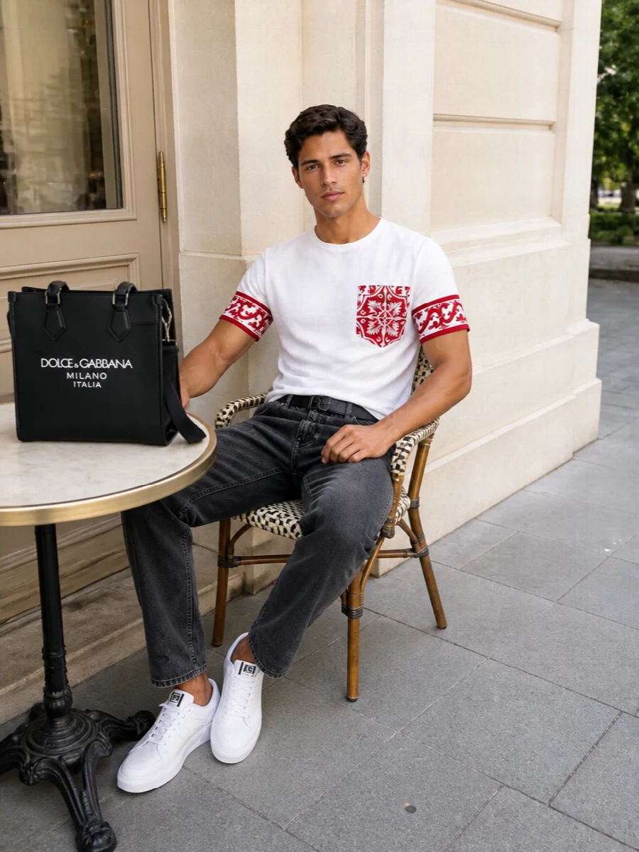 Dolce gabbana baroque tshirt grey jeans outfit