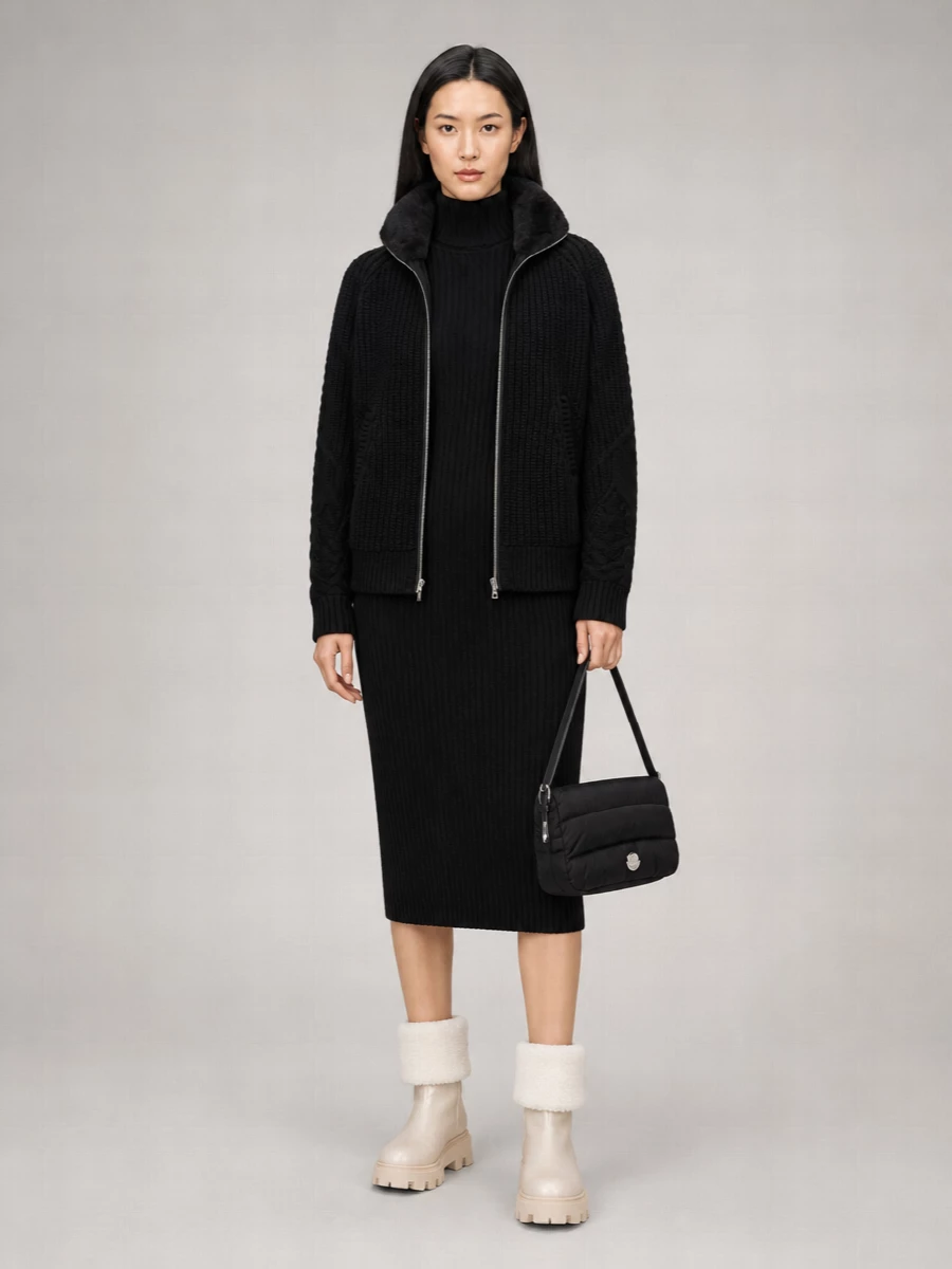 Herno Wool Ribbed Cable Knit High Neck Cardigan