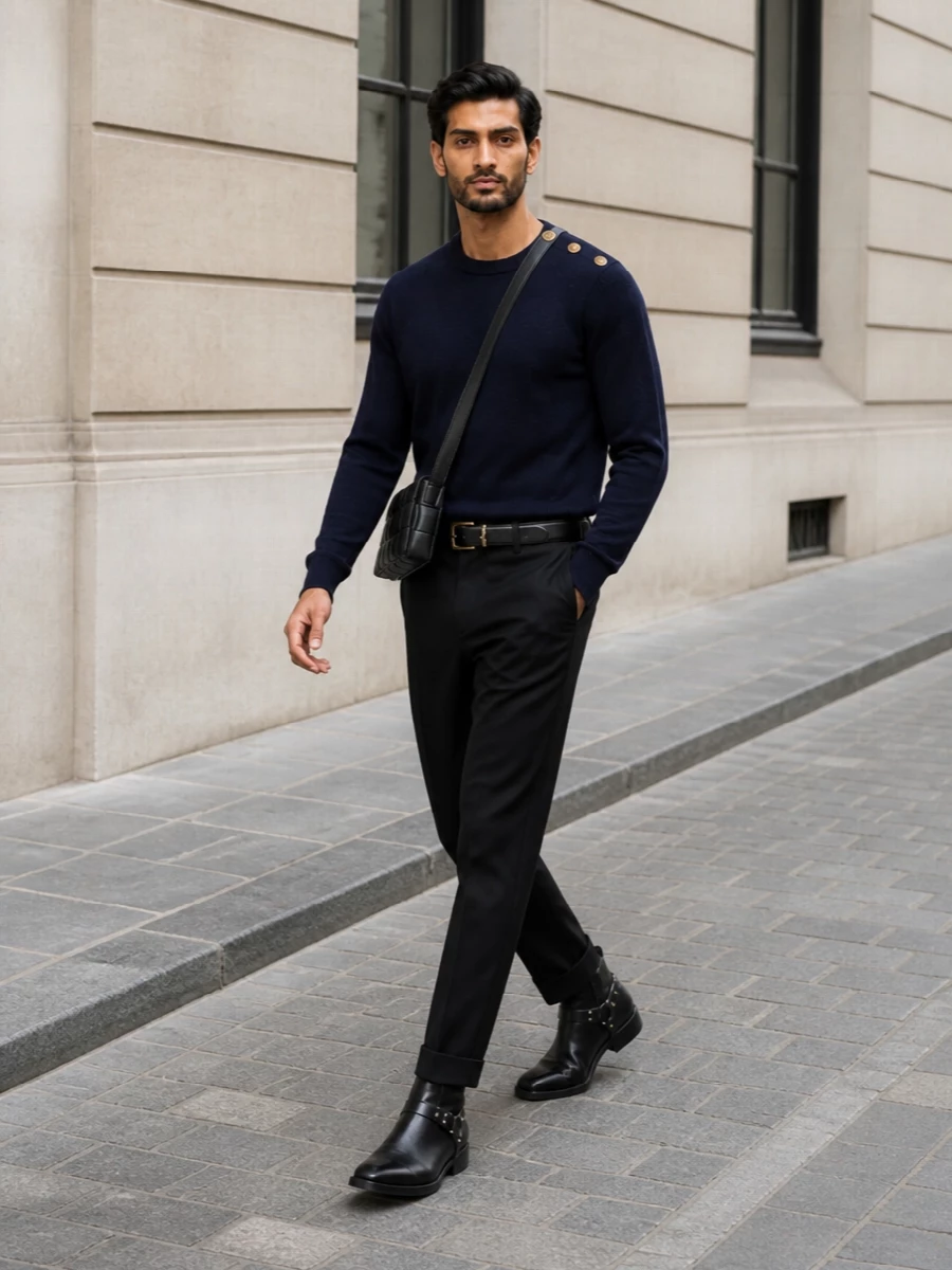 Balmain navy knit black tailored trousers outfit
