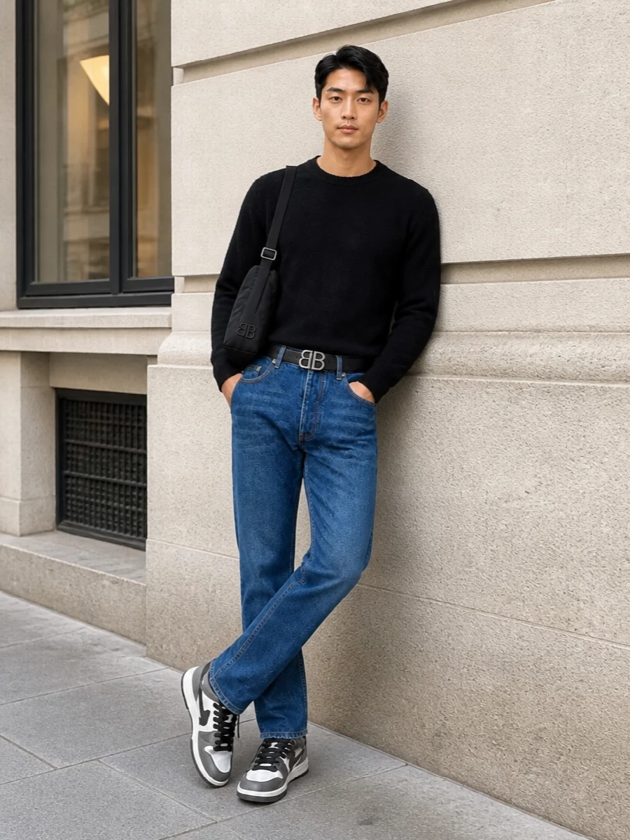 Mid-wash Off-White straight-leg denim is grounded with a clean black Off-White crew-neck knit, creating a streamlined FW street uniform that’s warm but unfussy. White-and-charcoal Off-White court sneakers sharpen the palette and add graphic energy, while a padded black Balenciaga shoulder bag and matching Balenciaga belt give the look a subtle, quietly luxurious edge without disturbing its minimal, everyday attitude.