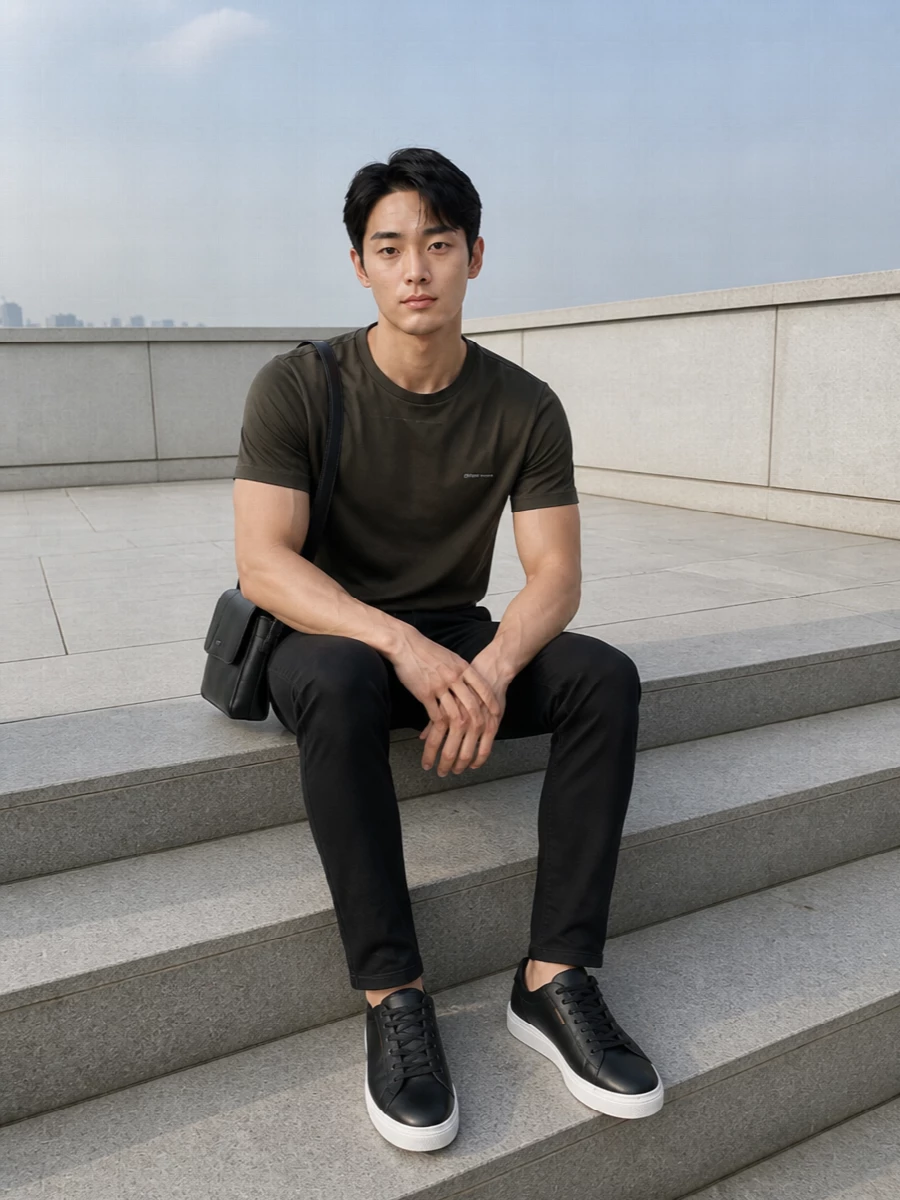Emporio armani olive tee black jeans outfit