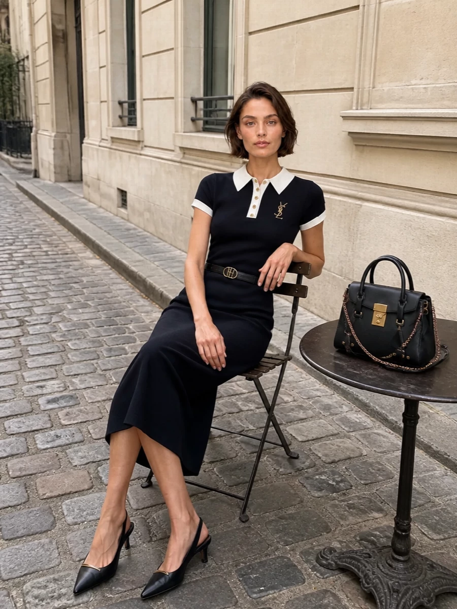 Ink navy and crisp white stay in focus, with black and antique gold accents reinforcing a quietly patrician mood. The pointed slingback and structured top-handle sharpen the polo-inspired midi, while a slim logo belt and single brooch detail frame the waist and neckline without cluttering the clean column. It is polished enough for serious meetings, yet composed and minimal for tailored cocktail hours after.