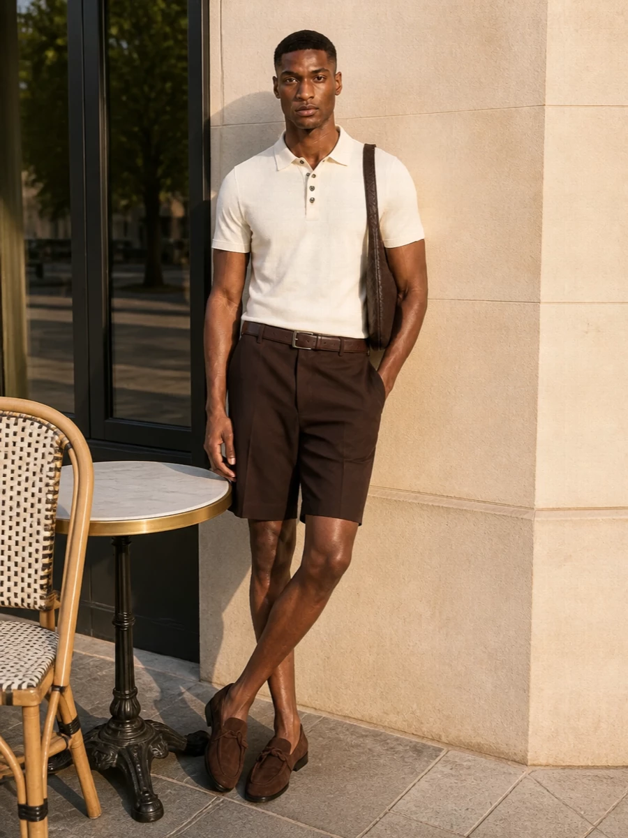 Bottega veneta cream polo brown tailored shorts