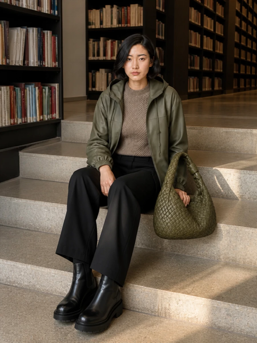 I’m building around the parka as a modern city uniform, so I’ve kept the anchor as knit plus trouser rather than a dress, which would fight the outerwear’s utilitarian ease. The ribbed taupe sweater and black wide-leg cargo trouser create a long, quiet column that lets the olive jacket and matching intrecciato hobo do the tonal work, while the chunky Chelsea boots keep everything grounded and pragmatic. The result is polished but unfussy, ideal for real weather and real days when you still want the outfit to feel considered from every angle.