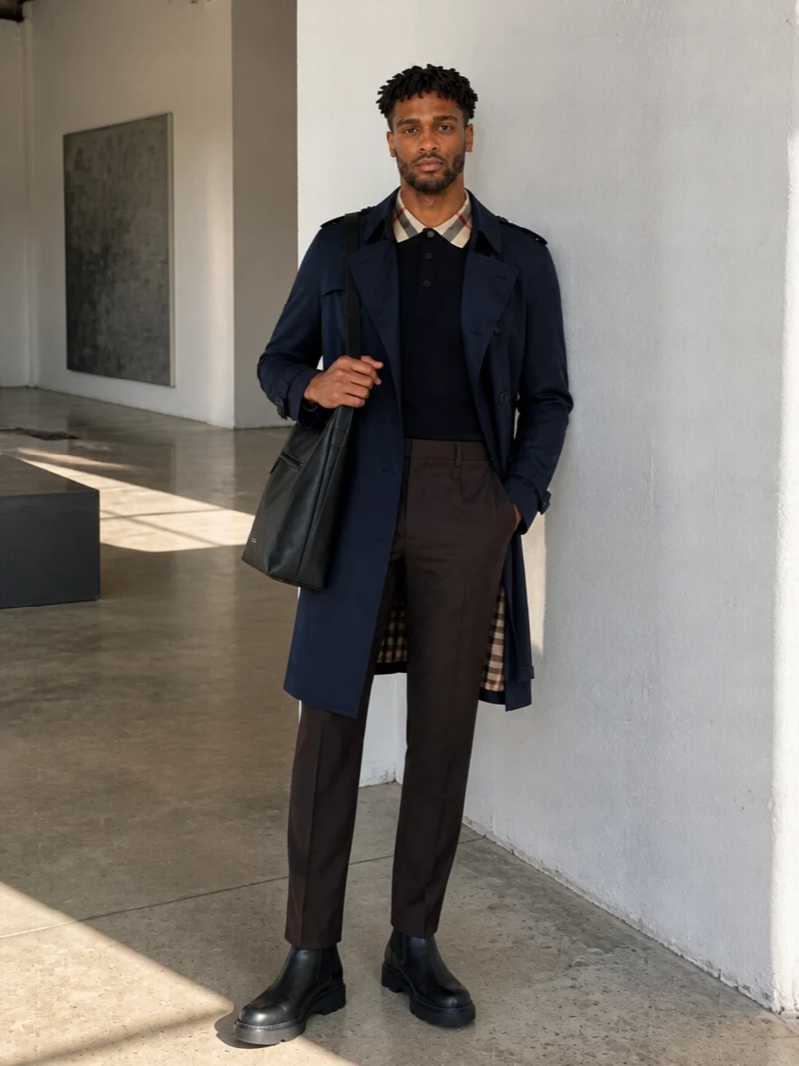 Burberry navy trench brown trousers chelsea boots