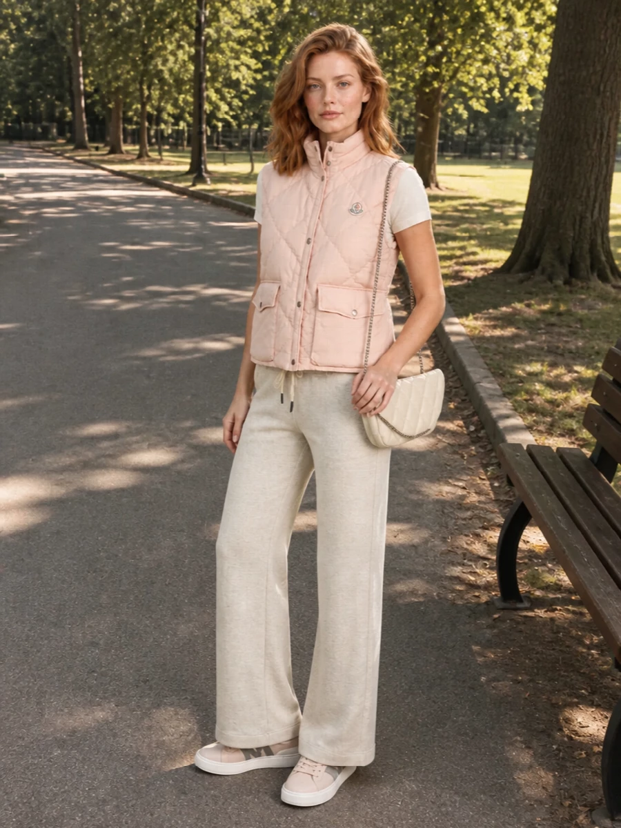 Moncler blush gilet flared pants sneakers