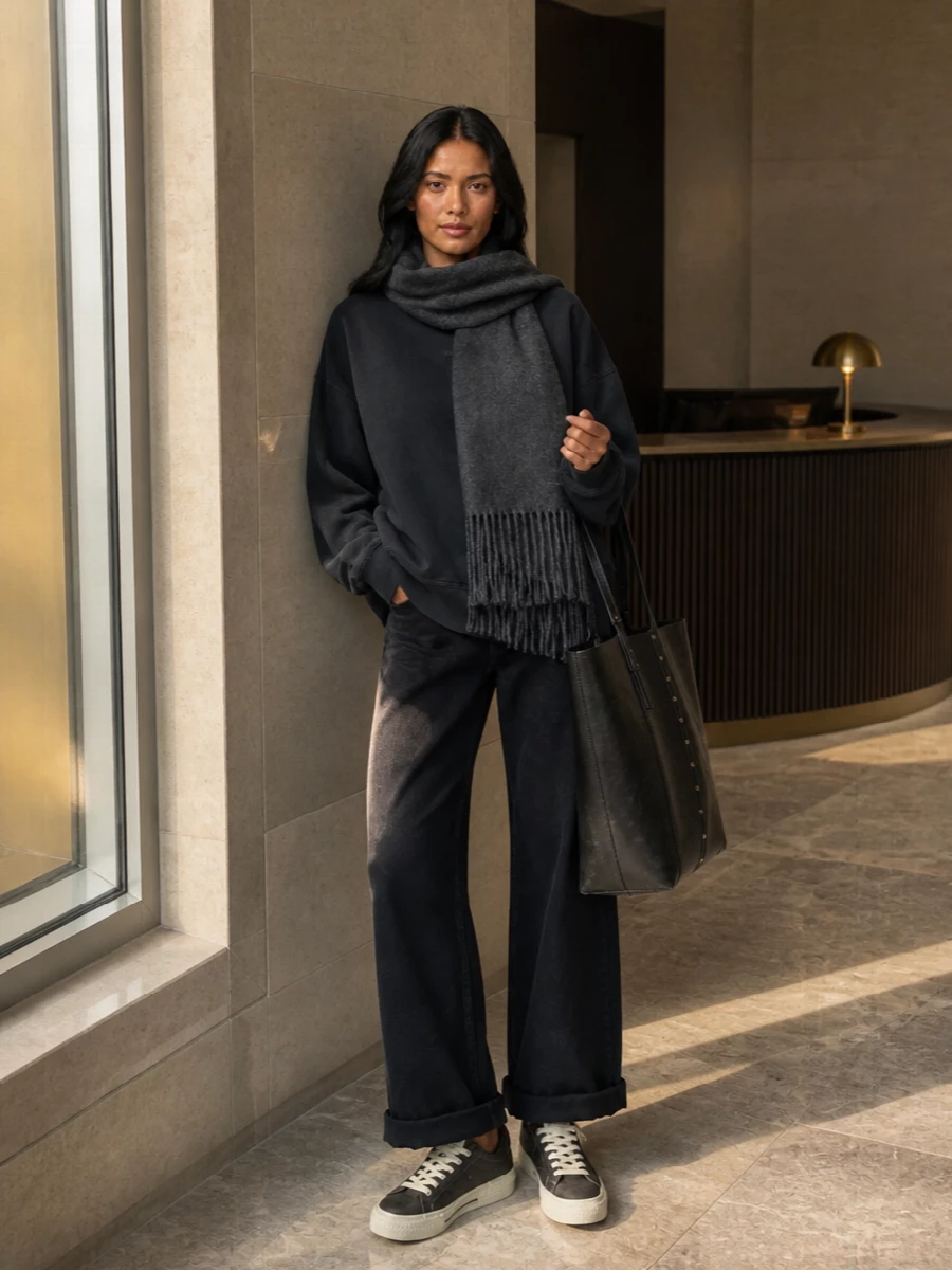 An oversized washed-charcoal knit sits over high-rise wide-leg black denim, keeping the line long and relaxed without losing structure. Charcoal low-top sneakers and a washed-black structured tote lean into a city-ready street mood that feels quietly directional. A tonal scarf pulls the greys and blacks together, so the volume reads intentional rather than slouchy.