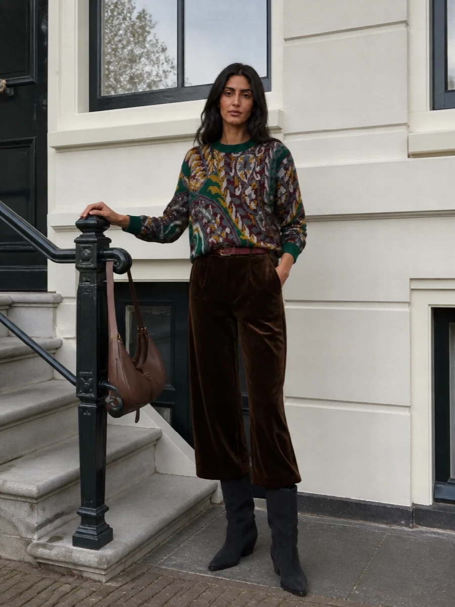Etro paisley sweater brown velvet trousers outfit