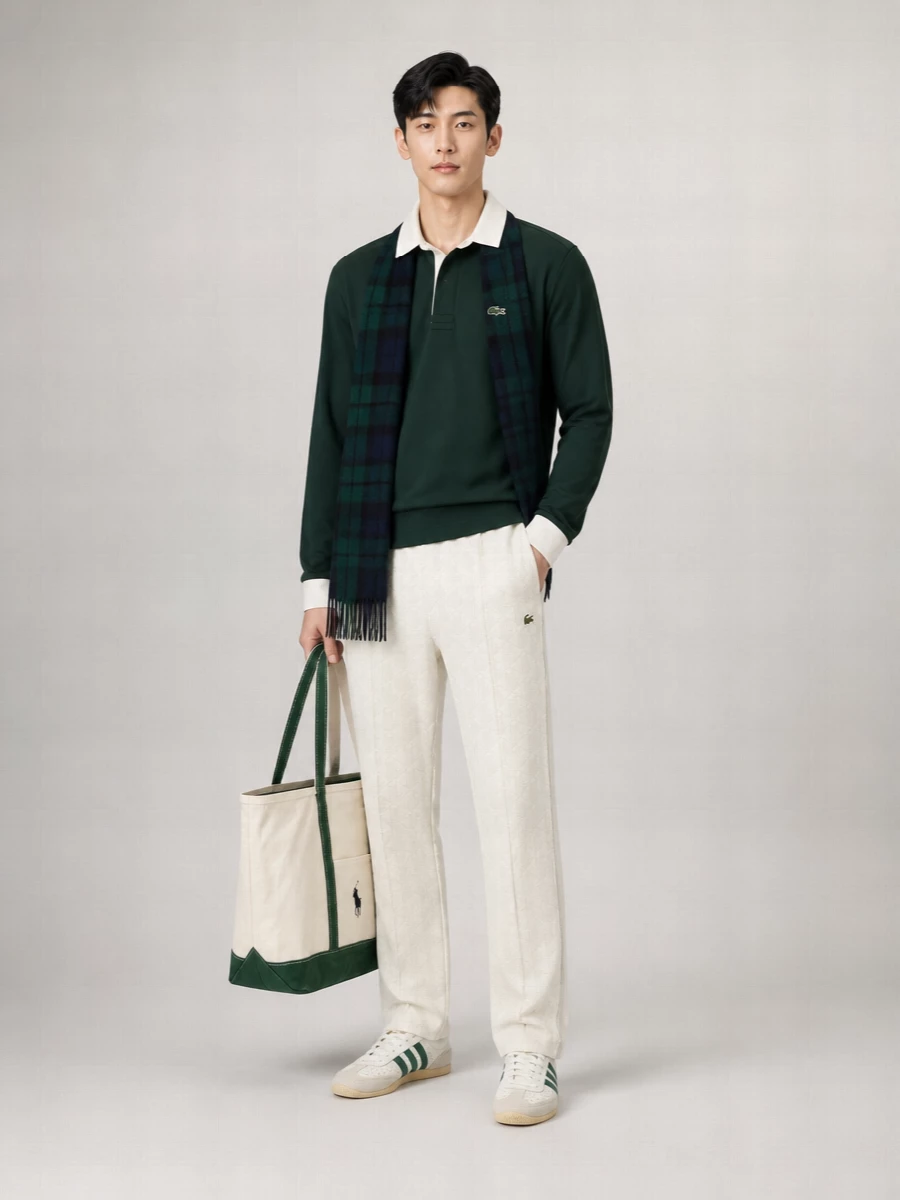 Deep forest green and soft beige keep this rugby-centred outfit sharp yet relaxed, in that sweet spot between campus and weekend match. The textured straight-leg track trousers and terrace trainers stay in the same athletic-preppy universe, but the clean lines and restrained palette make it feel considered rather than sporty. A canvas tote and subtle tartan scarf finish it with practical, collegiate ease for cool-season days in the city or on the sidelines.