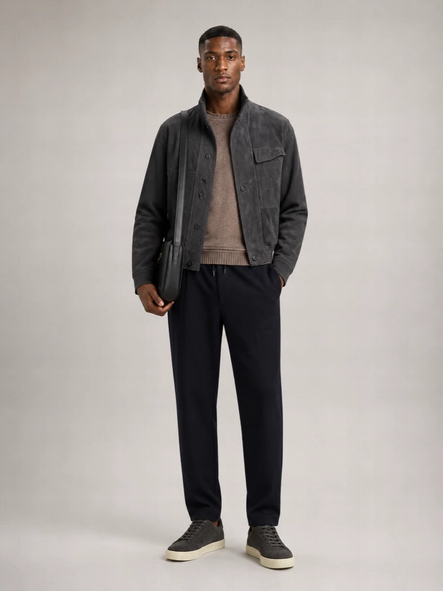 Giorgio Armani Suede Leather High-Neck Long-Sleeve Blouson Jacket