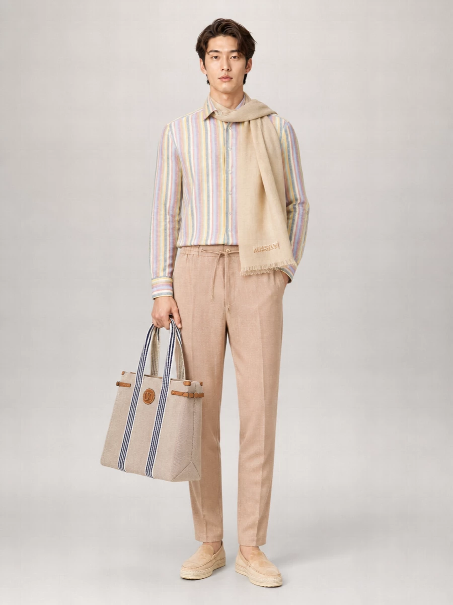 Etro’s pastel striped shirt sits over sand drawstring trousers for a relaxed take on summer tailoring that still reads precise. Sand espadrille loafers and a striped canvas tote keep the palette sun‑washed and cohesive, with a whisper‑light beige scarf adding a soft, boho edge rather than another focal point. The result is easy to wear for warm city days, terrace lunches and casual dinners where you want color and print handled with restraint.