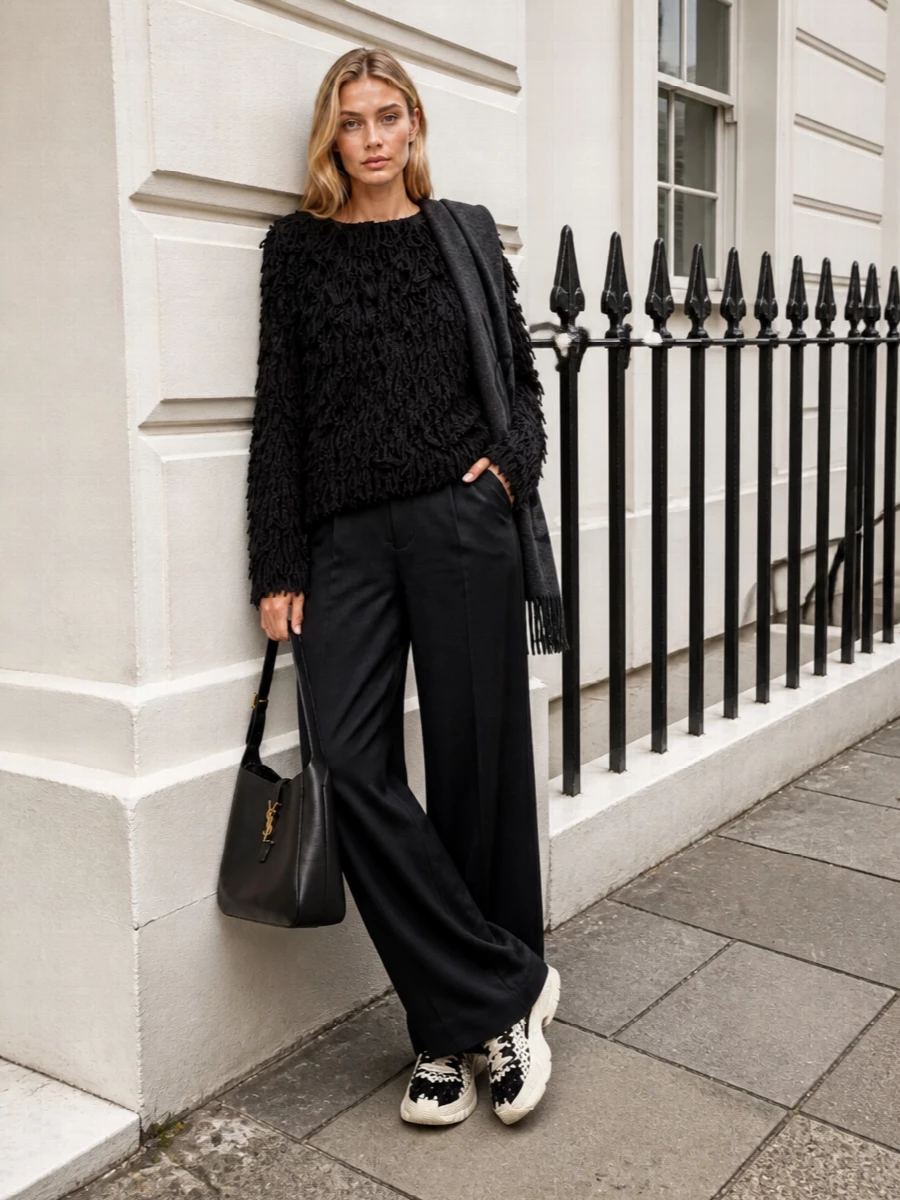 Loulou studio fringe sweater wide leg pants outfit