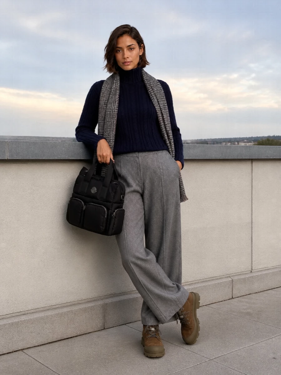 Moncler navy sweater grey wide leg pants