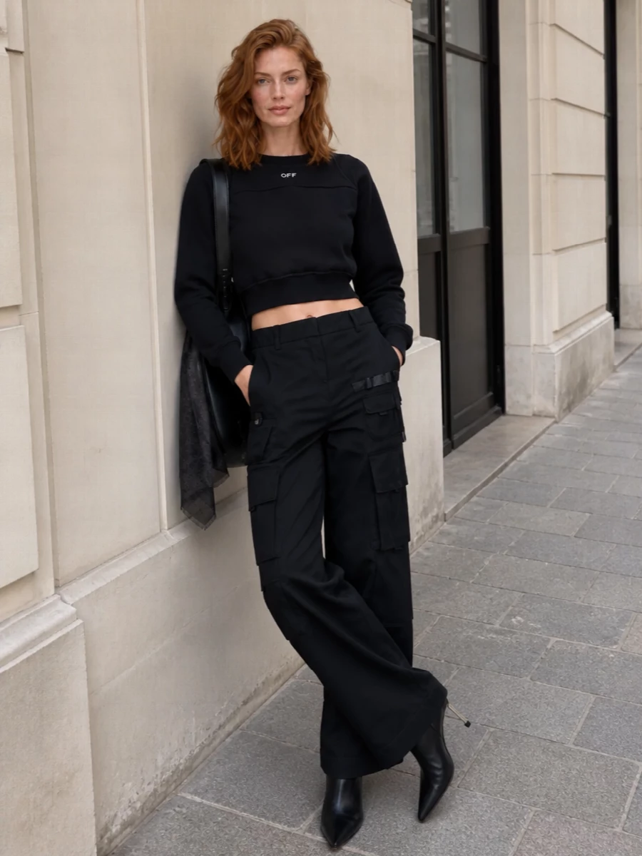 Off white cargo pants cropped sweatshirt outfit