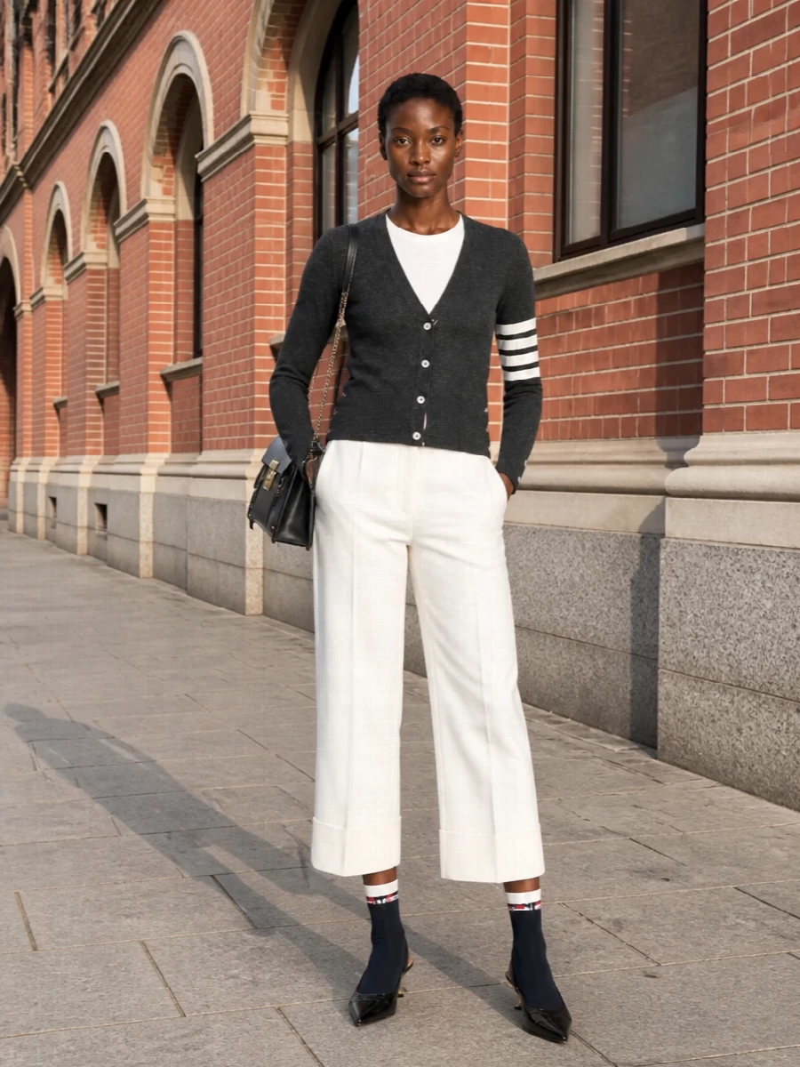 Thom browne cardigan white cropped trousers outfit