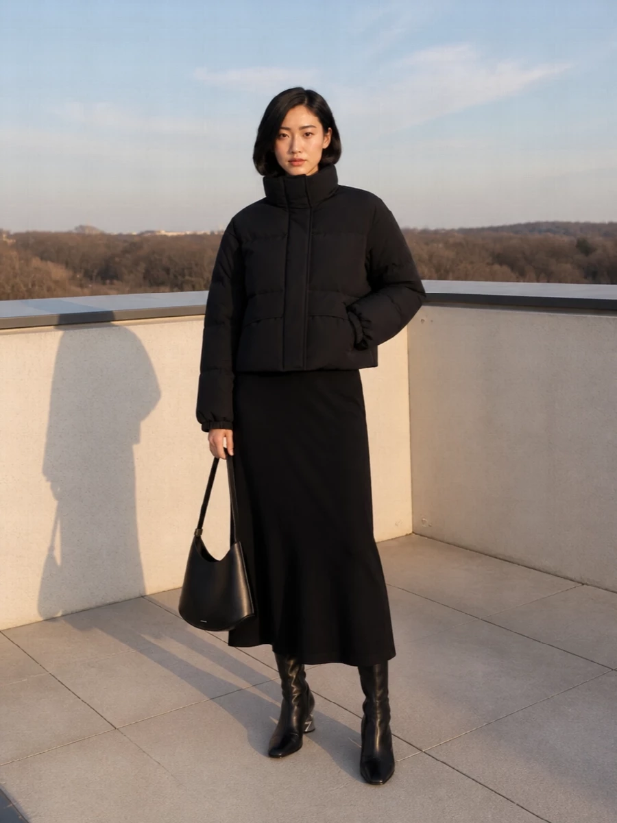 Jil sander black puffer knit midi dress outfit
