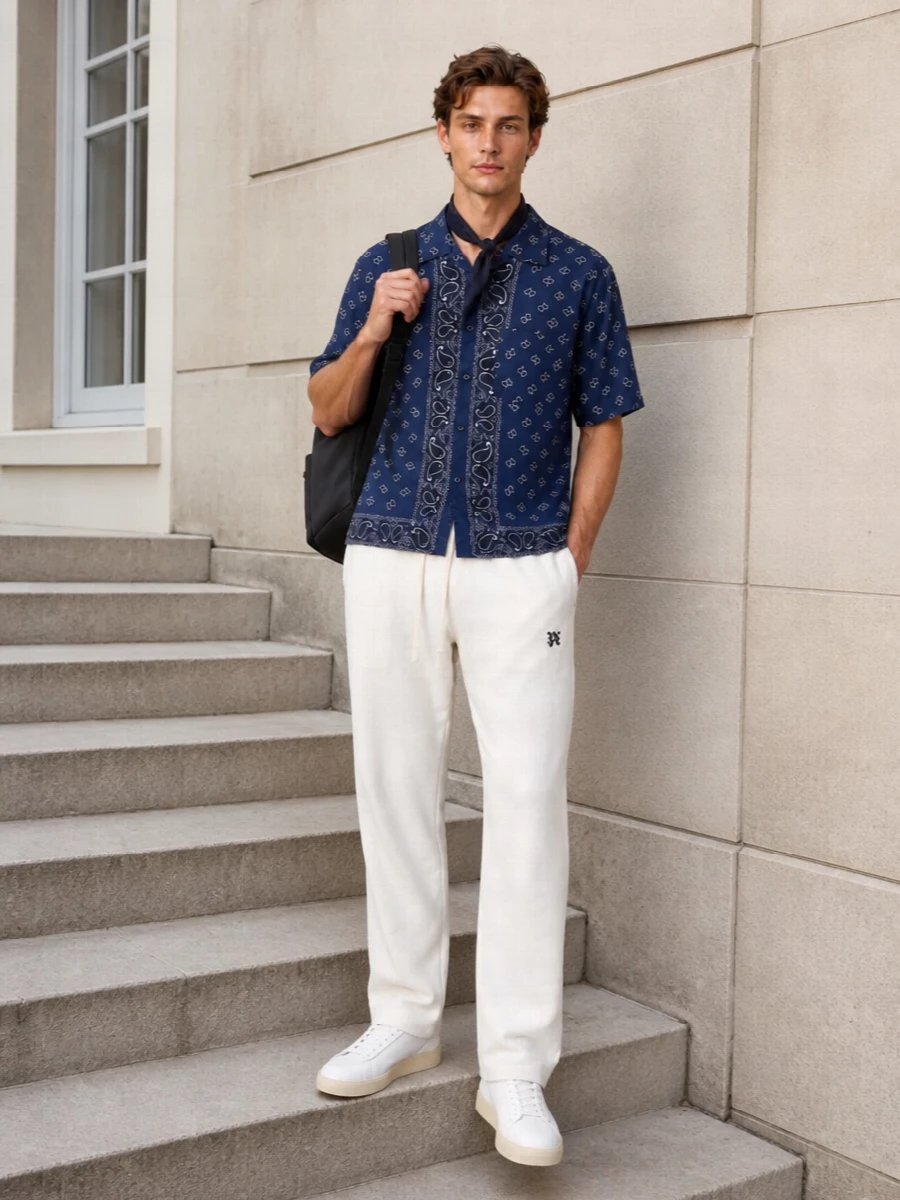 Palm angels navy shirt white joggers outfit
