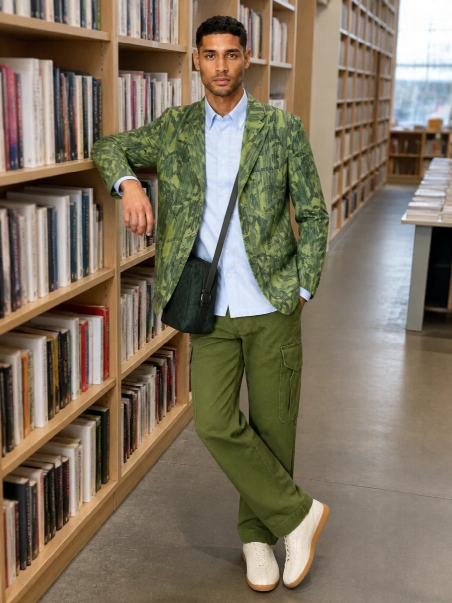 Kenzo green blazer outfit cargos sneakers