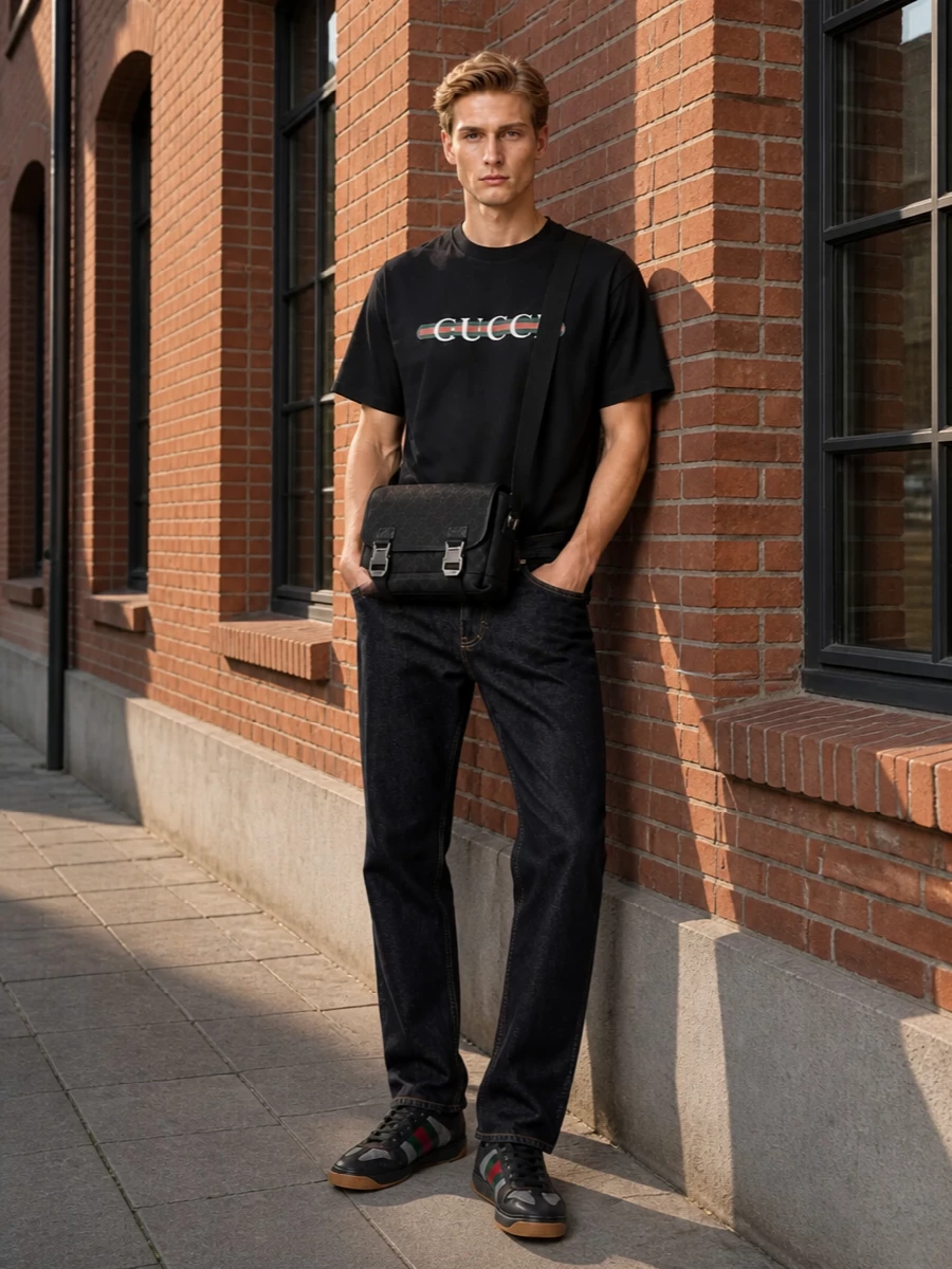Gucci mens black logo tee dark denim outfit