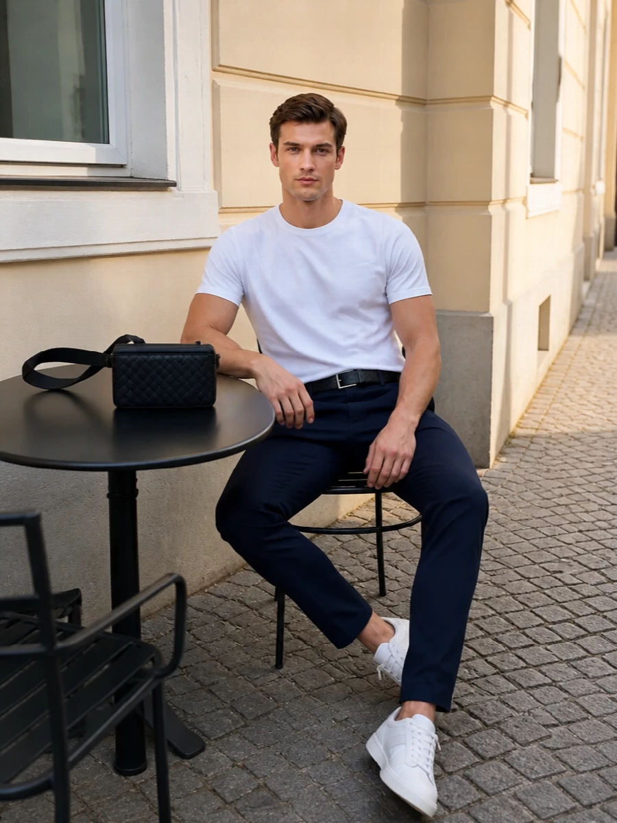 Navy slim chinos and a pristine Brunello tee create a clean, unfussy uniform that feels considered rather than basic. Margiela’s low-profile sneakers keep the line sharp without tipping into formality, while the black Bottega crossbody and matching belt introduce texture and depth. The result is a quietly luxurious city outfit that works from desk-adjacent days to polished weekend plans with zero effort.”