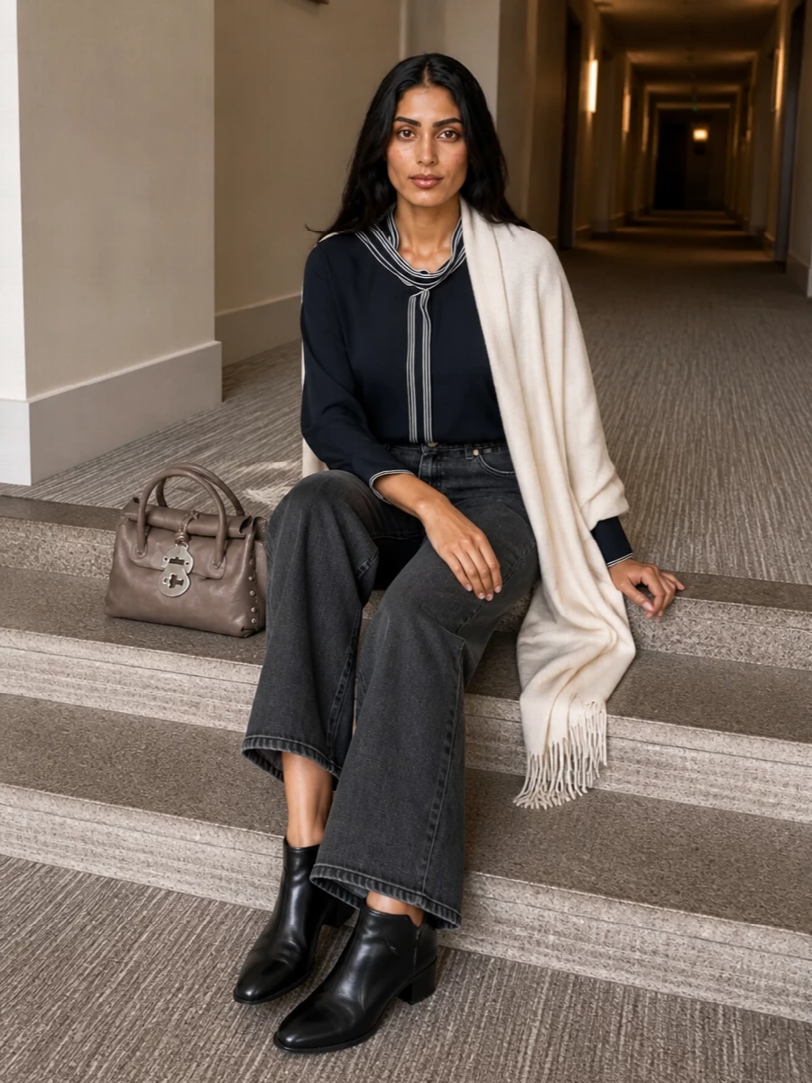 Fabiana filippi wide leg jeans navy blouse outfit