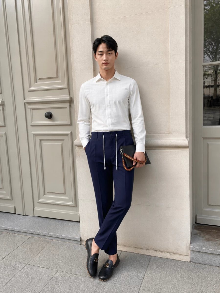 A clean off-white shirt and navy drawstring trouser set a quiet, tailored base that lets the Lanvin clutch’s subtle color hit feel intentional rather than loud. Black leather driving loafers mirror the bag’s sleek texture, pulling everything into a unified, minimal city uniform. The result is relaxed but precise, ideal for days that move from daytime meetings to late dinners without a change of clothes.