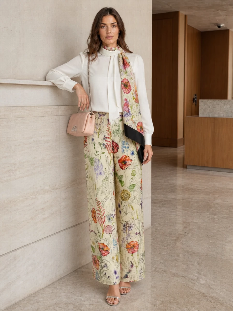 Alexander mcqueen floral wide leg trousers outfit