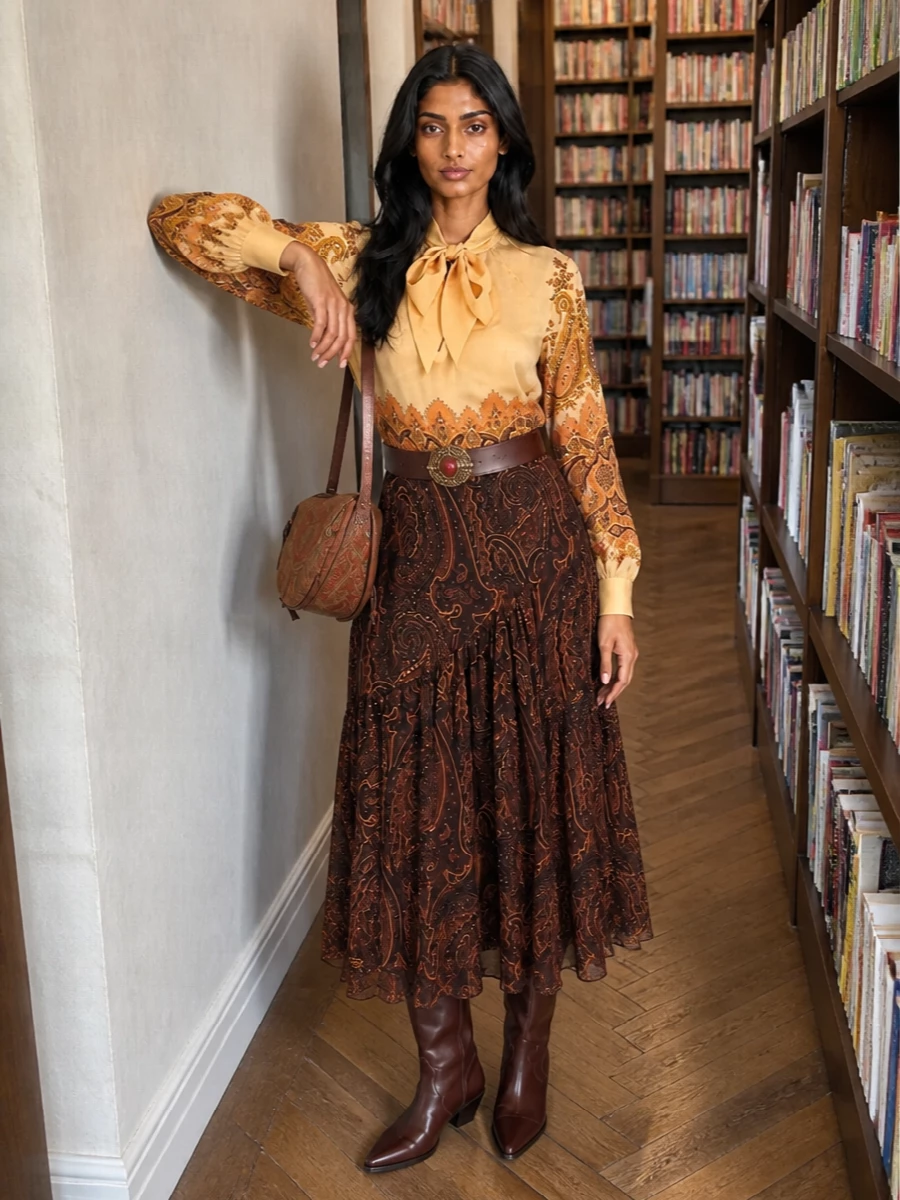 Etro paisley midi skirt bow blouse outfit