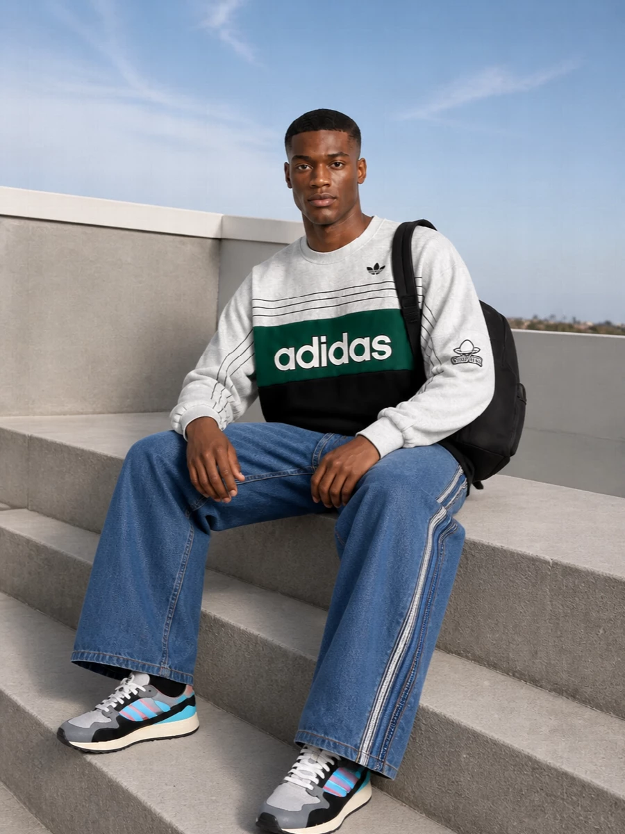 Adidas runner outfit wide leg jeans