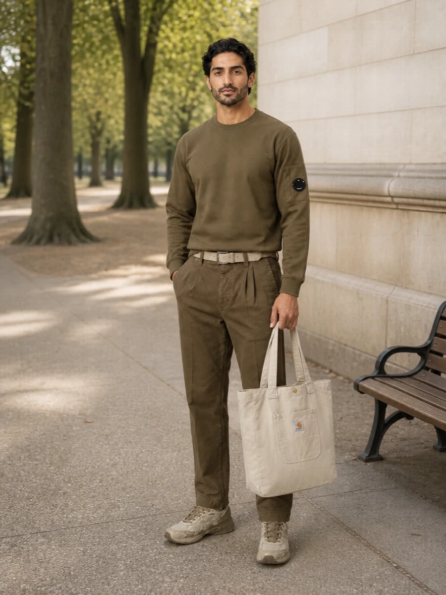Cp company olive chinos trail sneakers outfit